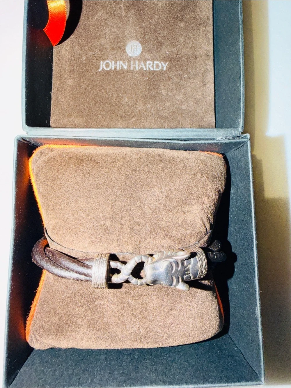 John Hardy Black Leather Bracelet with Silver Dragon Head Accent..PLEASE NO  BOX